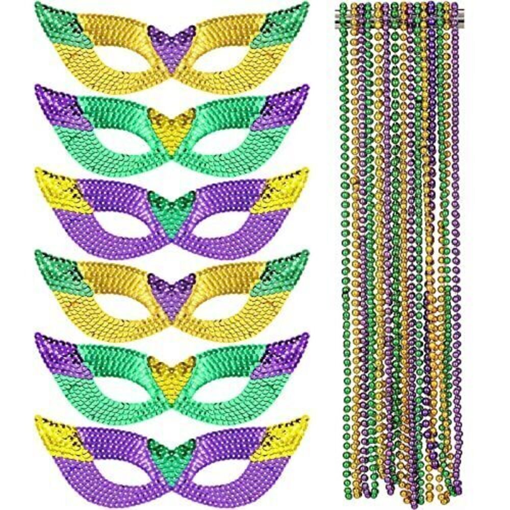 4344 18 Pcs Mardi Gras Face Masks and Necklaces 6 Sequin Eye Mask 12